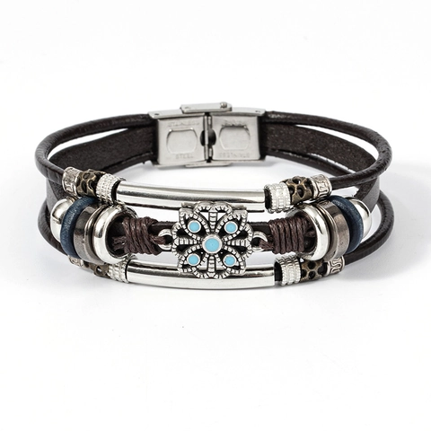 Vintage Mehrschichtiges Herren Lederarmband Mit Künstlichem Türkis Blumen Akzent Retro Punk Edelstahl Verschluss Schmuck