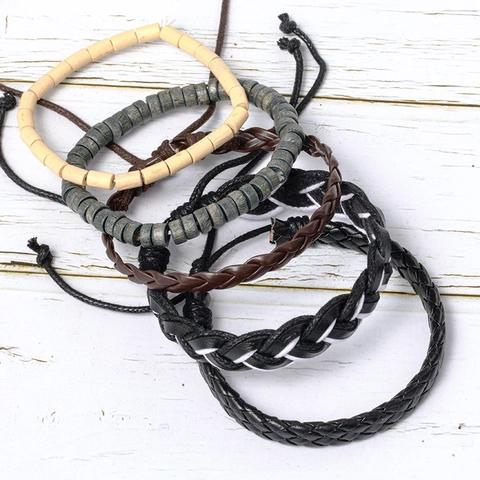Set di Braccialetti in Pelle e Legno Vintage Punk per Uomo Donna Intrecciato a Mano Multistrato Etnico Gioielli Accessorio