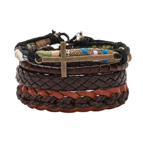 Bracciale in Pelle Intrecciata Multistrato Vintage Set Ciondolo a Croce Corda in PU Pelle Regolabile Gioielli Unisex Regalo