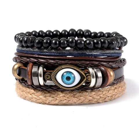 Retro Multi-layer Leather Braided Bracelet Set For Men Women Evil Eye Wood Bead Hemp Rope Ethnic Jewelry Handmade Gift