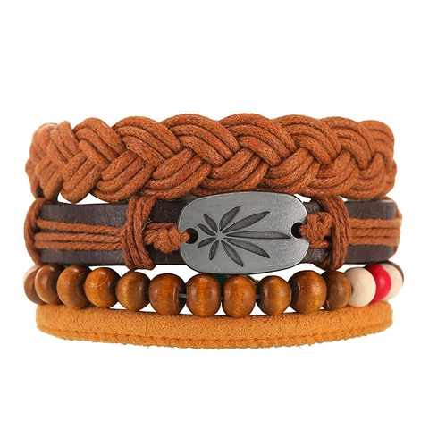Set di Braccialetti in Pelle Intrecciata Multistrato Vintage Con Ciondolo a Foglia in Lega Perline in Legno Per Uomo Donna Boho