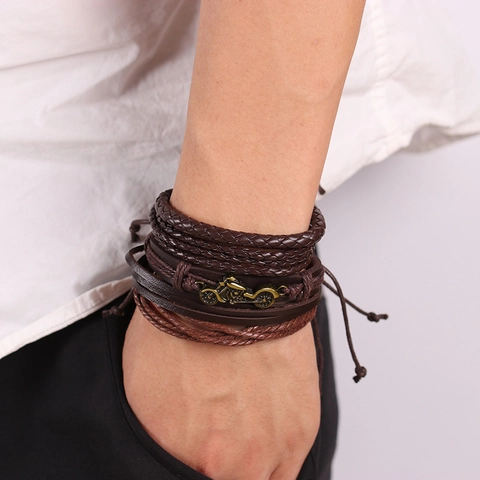 Men's Vintage Punk Multilayer Leather Braided Bracelet With Alloy Motorcycle Charm Adjustable Retro Biker Wristband Jewelry