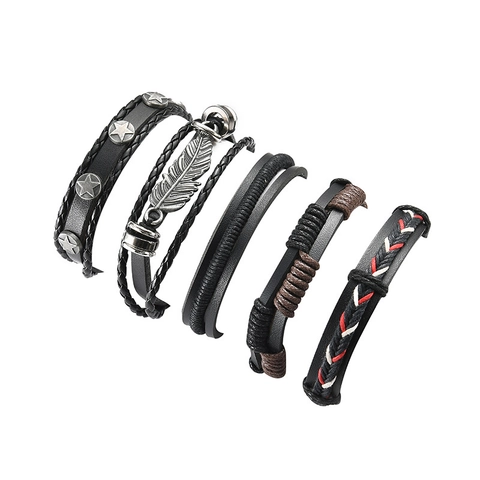 Set di Braccialetti in Pelle Intrecciata Multistrato Vintage da Uomo Con Ciondolo a Foglia Stella Piuma in Lega Punk