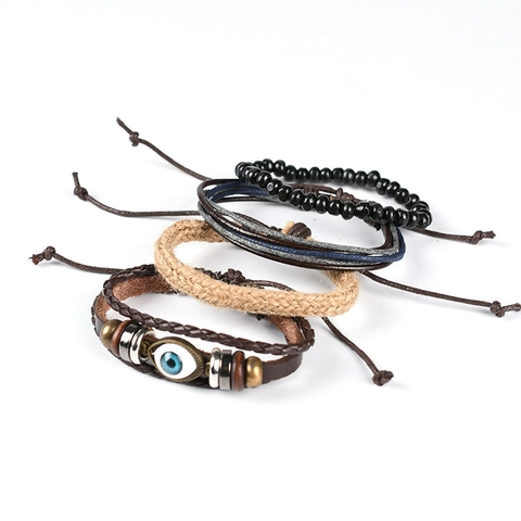 Retro Multi-layer Leather Braided Bracelet Set For Men Women Evil Eye Wood Bead Hemp Rope Ethnic Jewelry Handmade Gift