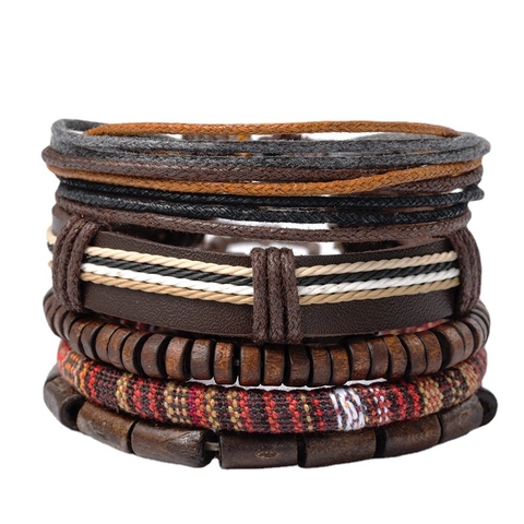 Ensemble de Bracelets en Cuir Multicouche Rétro pour Hommes Femmes Perles en Bois Tissées à la Main Corde de Cire Bijoux Ajustables