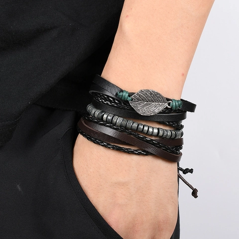 Bracciale Multistrato in Pelle Retrò Con Pendente a Foglia in Metallo Corda Intrecciata Fatta a Mano Regolabile Per Uomo Donna Gioielli Etnici