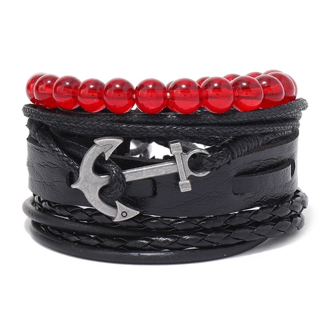 Men Retro Nautical Leather Multi-layer Braided Bracelet Set Silver Alloy Anchor Pendant Red Beads Punk Fashion Wristband Jewelry