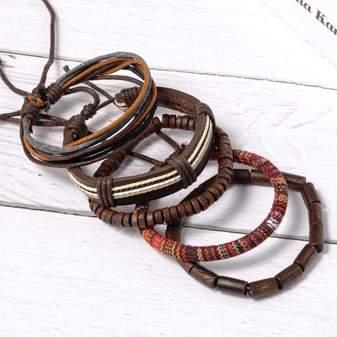 Ensemble de Bracelets en Cuir Multicouche Rétro pour Hommes Femmes Perles en Bois Tissées à la Main Corde de Cire Bijoux Ajustables