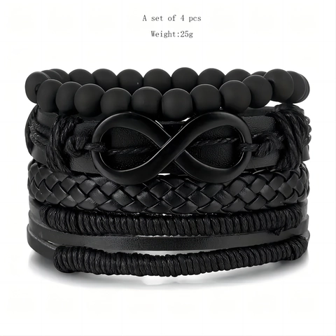 Bracciale da Uomo in Pelle Fatto a Mano Lega Simbolo dell'Infinito Punk Retrò Nero Corda Intrecciata Perline Opache Gioielli