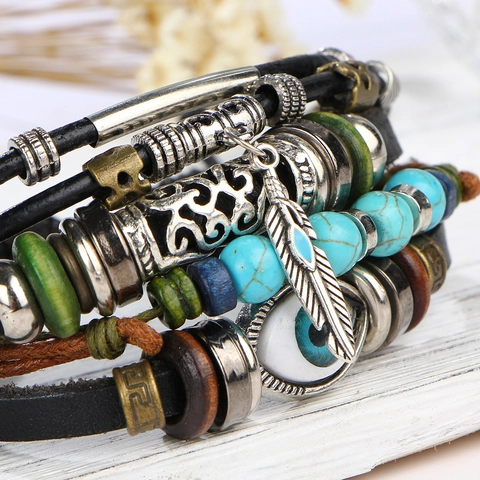 Bracciale Intrecciato in Pelle Multi-Strato Bohemian Vintage Con Malocchio Piuma Pendente Lega Turchese Artificiale Perline Etnico Gioielli