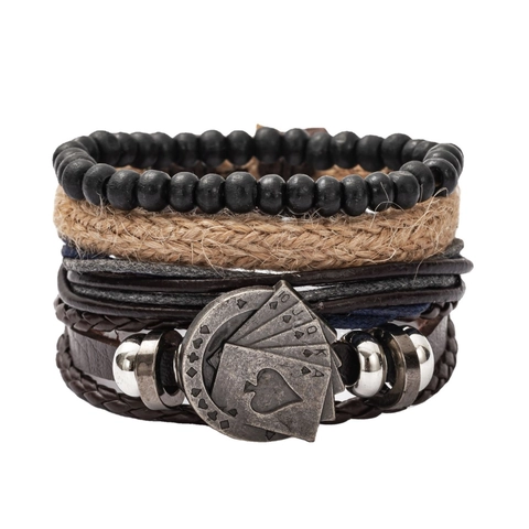 Vintage Multilayer Leather Bracelet Set For Men Alloy Poker Spades Heart Charm Bohemian Punk Handmade Braided Wristband Jewelry