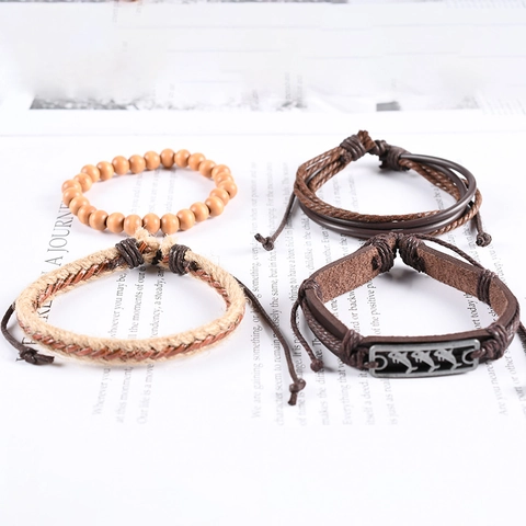 Vintage Dolphin Multi Layer Leather Bracelet Set Alloy Charms Wood Beads Braided Rope Bohemian Punk Wristband Jewelry For Men