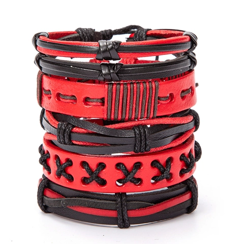 Punk Red Black Leather Braided Bracelet For Men Women Handmade DIY Rock Vintage Adjustable Wristband Fashion Jewelry Gift