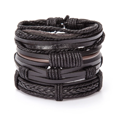 Vintage Multi-layer Leather Bracelet Set For Men Women Hand-Woven Punk Wrap Bracelets With Wood Beads Alloy Charms Fashion Jewelry Gift