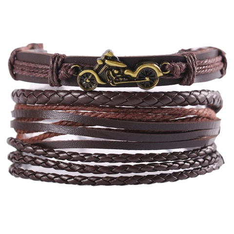 Men's Vintage Punk Multilayer Leather Braided Bracelet With Alloy Motorcycle Charm Adjustable Retro Biker Wristband Jewelry