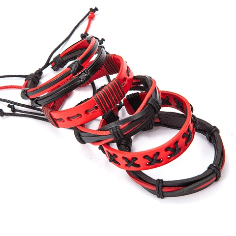 Punk Red Black Leather Braided Bracelet For Men Women Handmade DIY Rock Vintage Adjustable Wristband Fashion Jewelry Gift