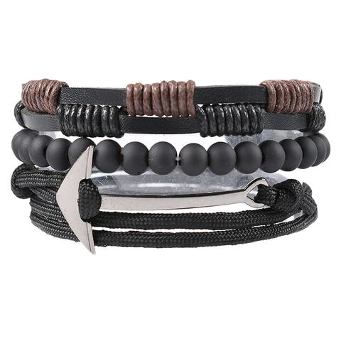 Vintage Herren Mehrlagiges Rindsleder Armband Set Retro Nautisch Legierung Anker Geflochtenes Seil Handgefertigt Perle Schmuck