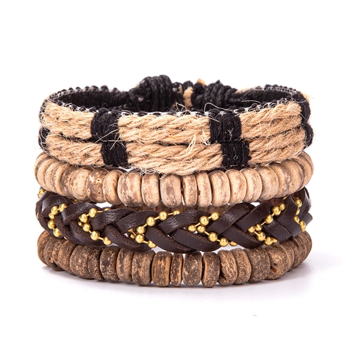 Bohemian Vintage Multi-layer Bracelet Set For Men Women Handmade Wood Beads Hemp Rope Leather Cord Adjustable Ethnic Jewelry Wristband