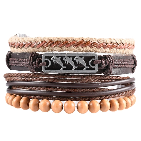 Vintage Dolphin Multi Layer Leather Bracelet Set Alloy Charms Wood Beads Braided Rope Bohemian Punk Wristband Jewelry For Men