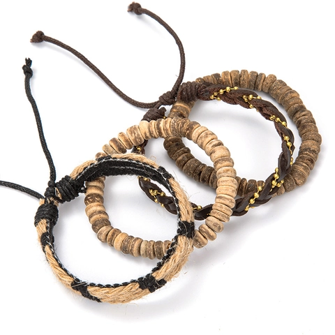 Bohemian Vintage Multi-layer Bracelet Set For Men Women Handmade Wood Beads Hemp Rope Leather Cord Adjustable Ethnic Jewelry Wristband