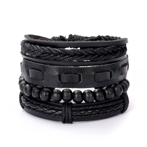 Herren Vintage Schwarz Mehrlagig Leder Armband Set Handgewebt Punk Minimalistisch Perlen Armband Verstellbar Retro Armreif Schmuck Geschenk