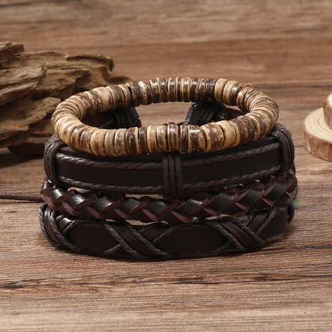 Set Bracciale in Pelle Intrecciata Multistrato Bohemian Vintage Con Perline di Legno Gioielli Geometrici Marroni Per Uomo Donna