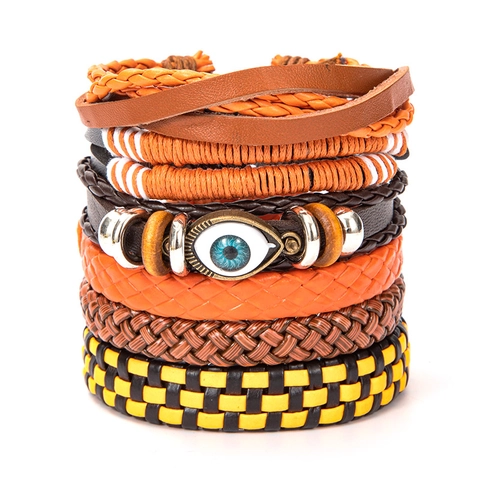 Böhmisches Lederarmband-Set Mit Bösem Blick Mehrlagig Handgeflochten Rindsleder Legierungsperlen Verstellbar Vintage Ethnic Schmuck