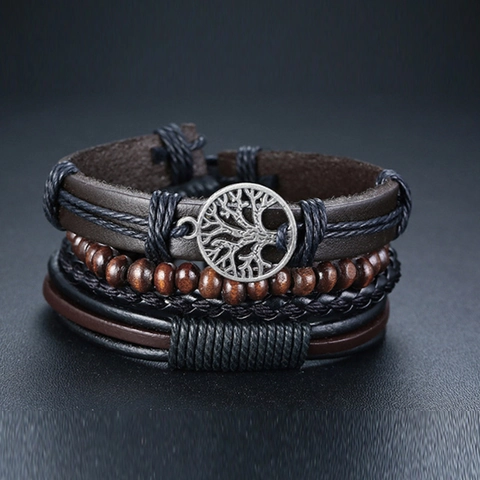 Vintage Cowhide Alloy Wood Bead Woven Leather Bracelet For Men Tree Of Life Multilayer Wrap Cord Ethnic Jewelry
