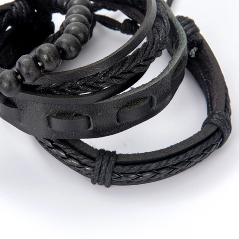 Herren Vintage Schwarz Mehrlagig Leder Armband Set Handgewebt Punk Minimalistisch Perlen Armband Verstellbar Retro Armreif Schmuck Geschenk