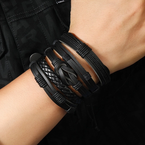 Vintage Black Braided PU Leather Multilayer Bracelet Set For Men Women Infinity Knot Adjustable Handwoven Punk Wristband Jewelry