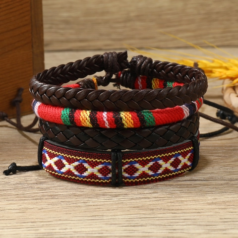 Ensemble de Bracelets en Cuir Multicouche de Style Bohème Vintage Fait à la Main Tissé Ethnique Perles en Bois Réglables Bijoux pour Hommes Femmes