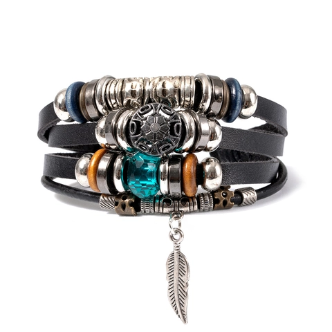 Vintage Bohemian Multilayer Leather Bracelet Set For Men Women Evil Eye Feather Owl Anchor Turquoise Beaded Punk Wrap Wristband Jewelry