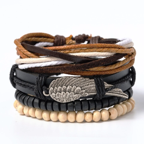 Set di Braccialetti Intrecciati in Pelle Multistrato Vintage per Uomo Donna Ciondolo ad Ala Perline in Legno Bracciale Punk Regolabile