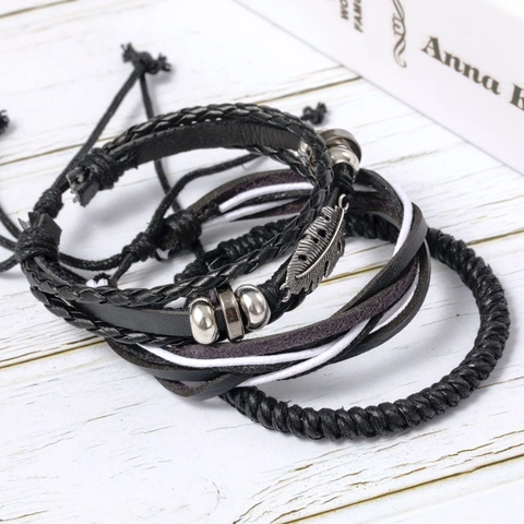 Bracelet Multicouche en Cuir Tressé Punk Vintage Avec Pendentif Plume en Alliage Cordon en Cuir Rétro Bracelet Réglable Bijoux Homme Femme