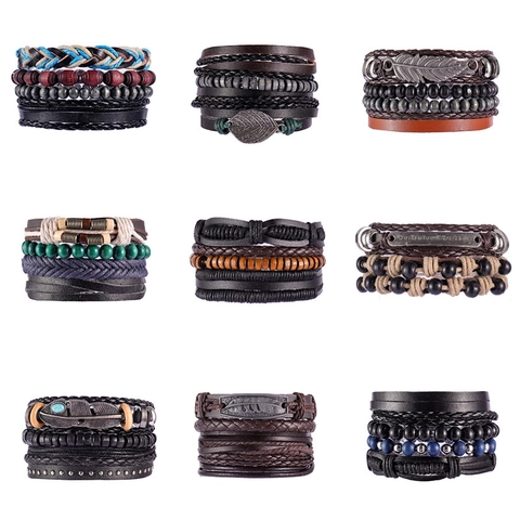 Bracciale Intrecciato in Pelle Multi-Strato Retrò Ciondolo a Foglia di Piuma in Lega Perline di Legno Gioielli Etnici Punk per Uomo Donna