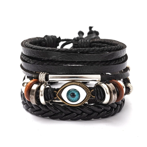 Collezione di Braccialetti in Pelle Multistrato Retrò per Uomo Donna Malocchio Perline di Legno Intrecciato Regolabile Punk Bohemian Gioielli Regalo