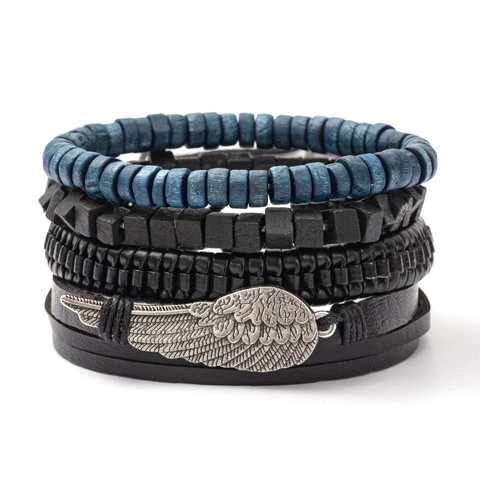 Men Vintage Bracelet Multi-layer Braided Cowhide Wood Beads Adjustable Feather Wing Charm Punk Ethnic Jewelry