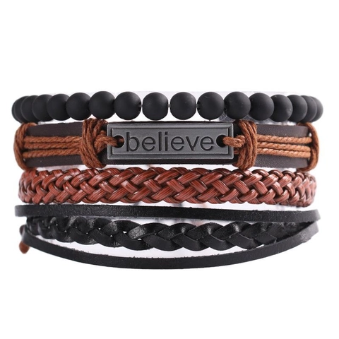 Juego de Pulseras Trenzadas de Cuero Multicapa Vintage Punk para Hombre Mujer Placa de Metal con Letra Believe Aleación Cuenta de Madera Joyería Regalo