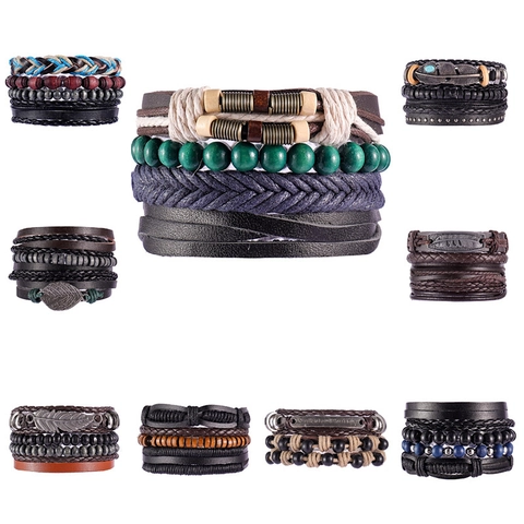 Bracciale Intrecciato in Pelle Multi-Strato Retrò Ciondolo a Foglia di Piuma in Lega Perline di Legno Gioielli Etnici Punk per Uomo Donna