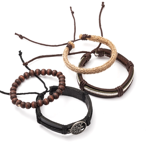 Lebensbaum Retro Handgewebtes Leder Armband-Set Für Herren Boho Ethnisch Holzperlen Hanfseil Verstellbares Charm-Armband