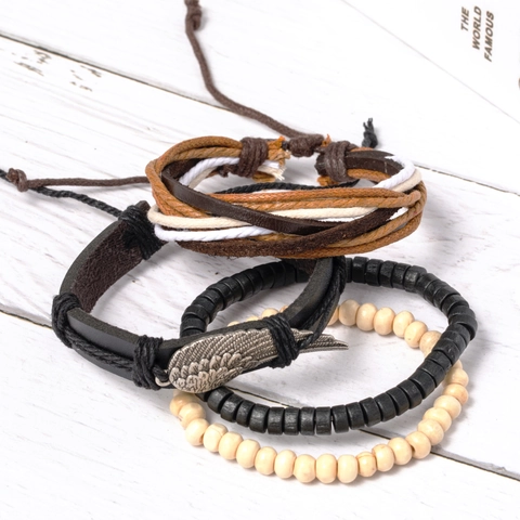 Set di Braccialetti Intrecciati in Pelle Multistrato Vintage per Uomo Donna Ciondolo ad Ala Perline in Legno Bracciale Punk Regolabile