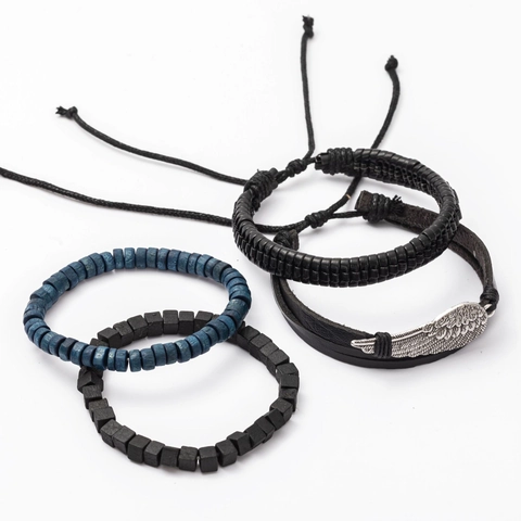 Men Vintage Bracelet Multi-layer Braided Cowhide Wood Beads Adjustable Feather Wing Charm Punk Ethnic Jewelry