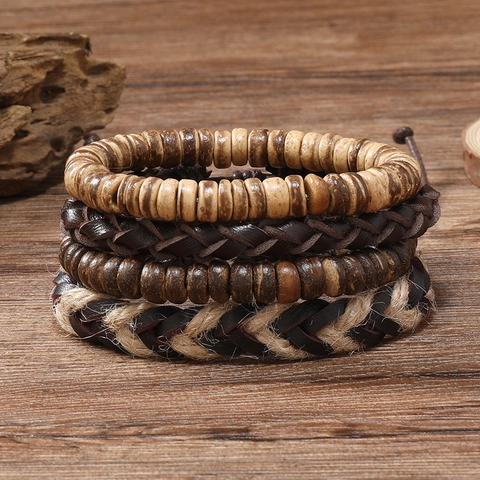 Juego de Pulseras de Cuero Trenzado para Hombre Retro Étnico Multicapa Perlas Cuero de Vaca Cuerda de Cáñamo Hecho a Mano Joyería