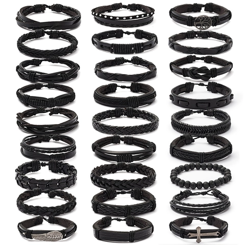 Bracciale in Pelle Intrecciata Nera Vintage da Uomo Combinazione Retro Cordino Fatto a Mano Punk Regolabile Gioielli Regalo