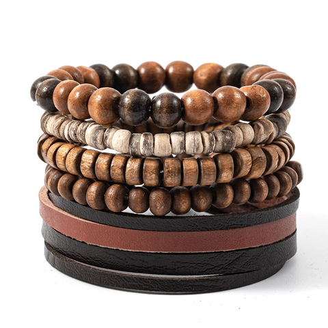 Vintage Men Leather Bracelet Set Wood Beads Coconut Shell Adjustable Woven Ethnic Style Handmade Multilayer Wristband Fashion Jewelry