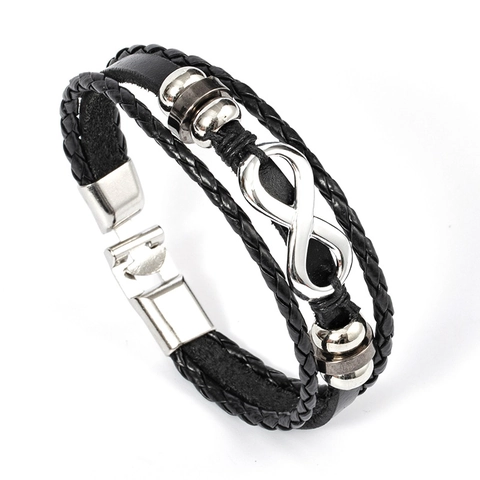 Bracciale in Pelle Intrecciata Multistrato Punk Simbolo Infinito Lega Chiusura Magnetica Polsino Per Uomo Donna Gioielli Moda Retrò