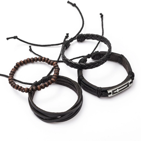 Juego de Pulseras de Cuero Multicapa Retro para Hombre Con Cuentas de Madera Cruz de Aleación Estilo Punk Ajustable Joyería