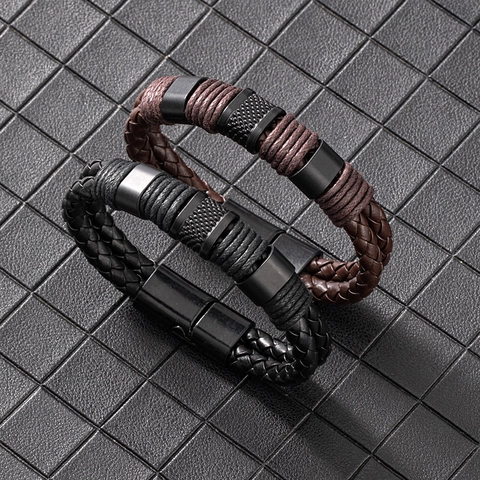 Men Hand Woven Leather Bracelet Fashion Jewelry With Magnetic Buckle Double Layer Design Woven Leather Bangle Simple Wristband