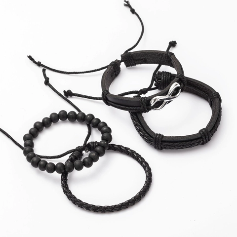 Bracciale Multistrato in Pelle Vintage da Uomo Con Ciondolo Infinito Lega Nera Con Perline Intrecciate Regolabile