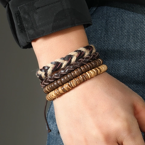 Juego de Pulseras de Cuero Trenzado para Hombre Retro Étnico Multicapa Perlas Cuero de Vaca Cuerda de Cáñamo Hecho a Mano Joyería